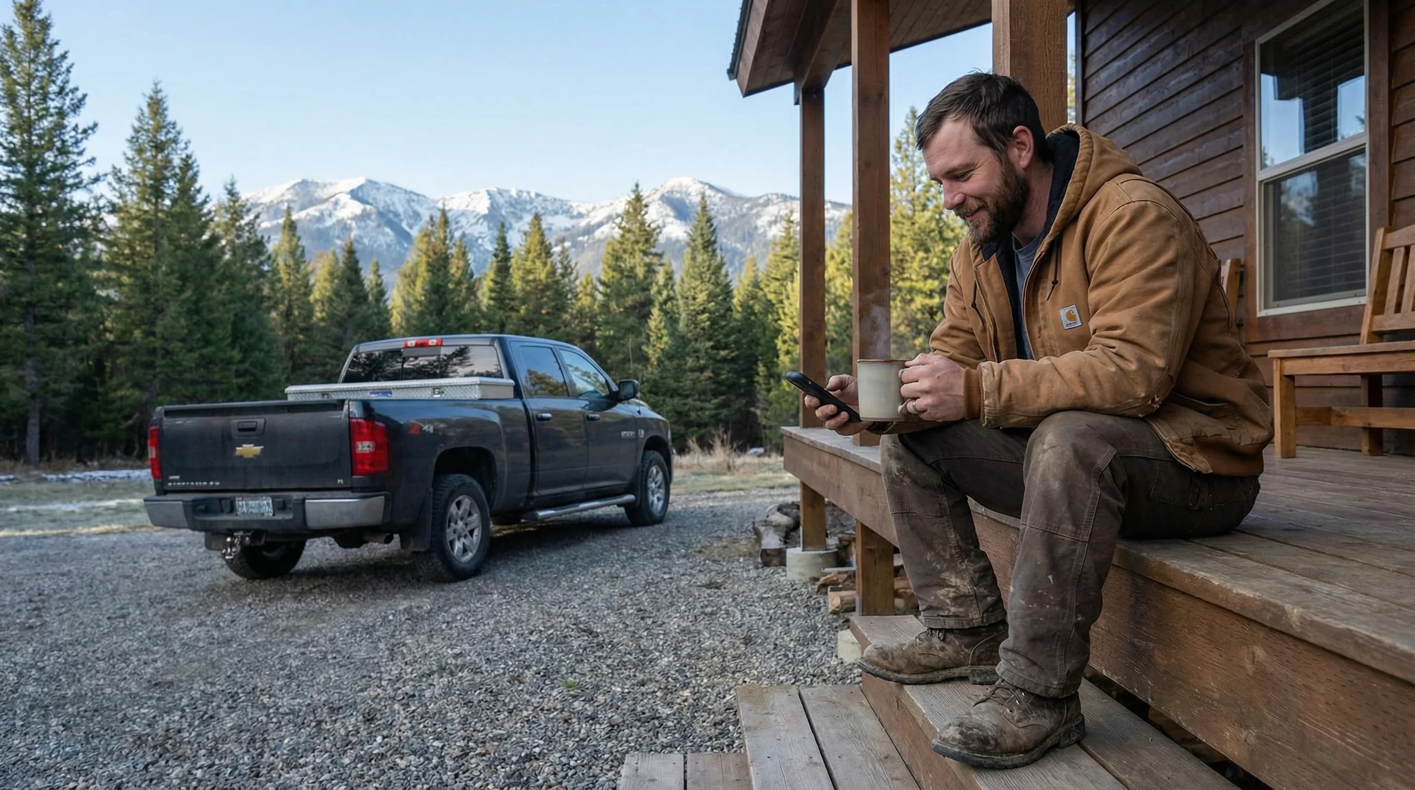 Plumber drinking coffee on his porch before work